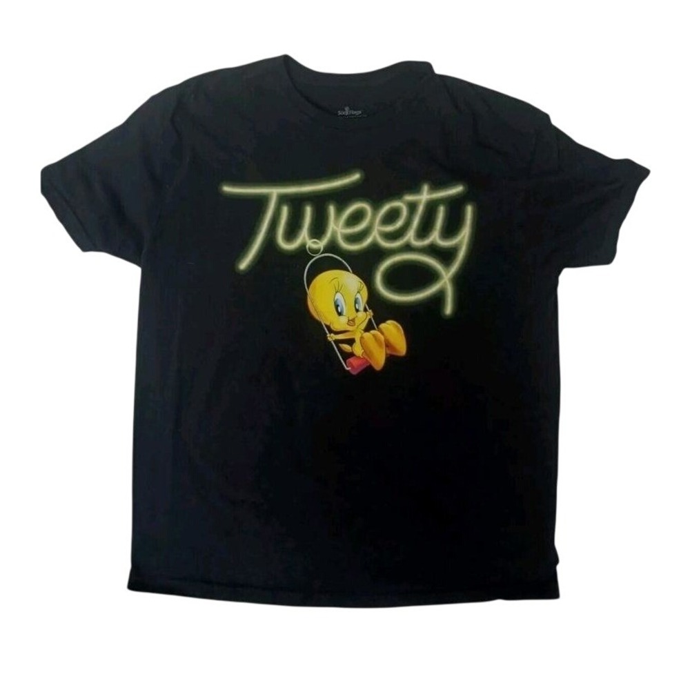 VIntage 90's Six Flags Tweety Bird on Swing T-shirt GLOW LETTERS XL Black Retro